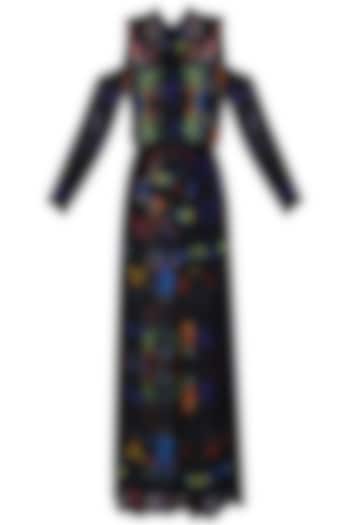 Black Digital Printed Cold Shoulder Sheer Gown and Slip Dress by Neha Taneja