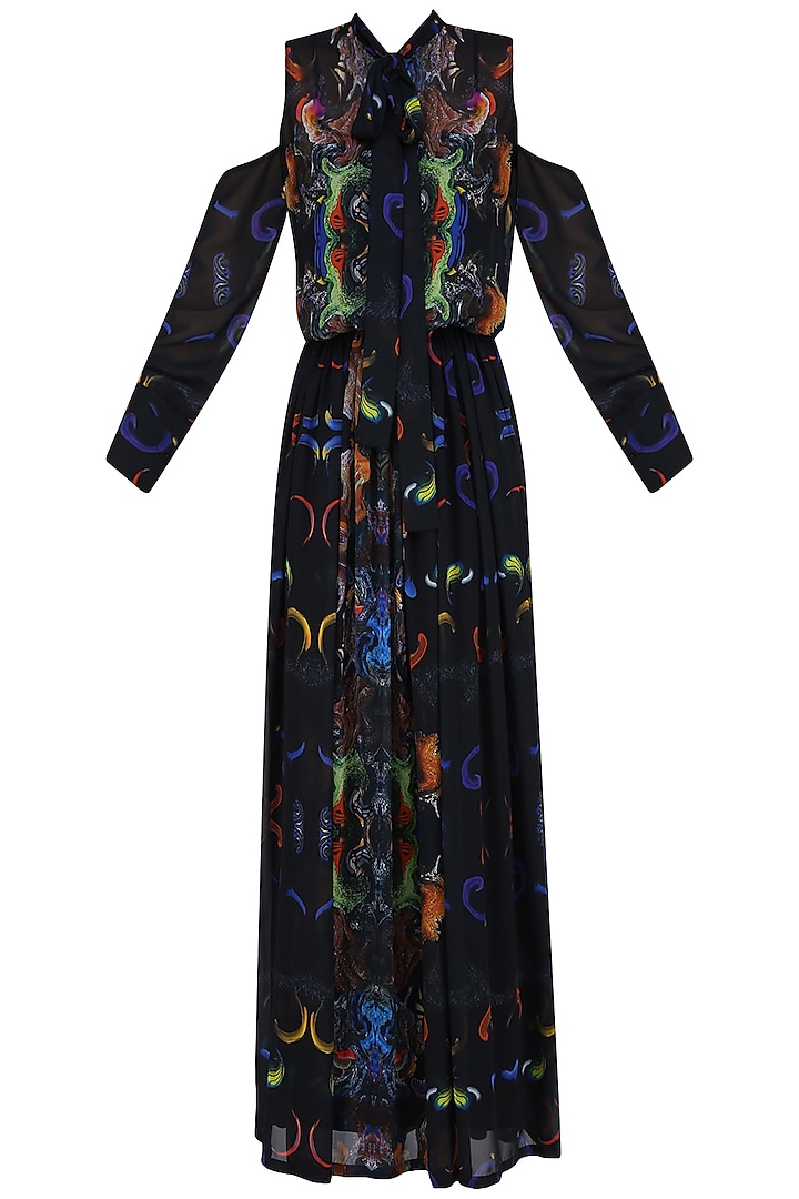 Black Digital Printed Cold Shoulder Sheer Gown and Slip Dress by Neha Taneja
