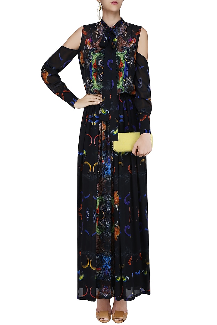 Black digital printed cold shoulder sheer gown and slip dress available only at Pernia's Pop Up Shop.