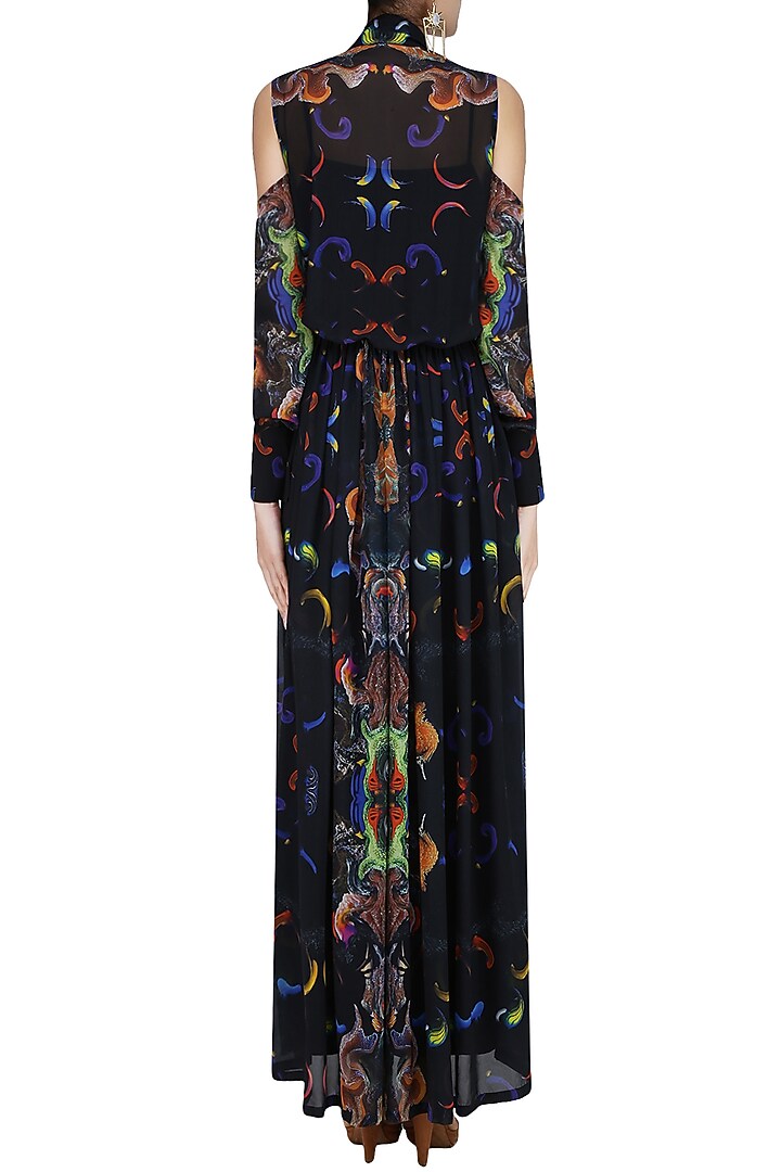 Black digital printed cold shoulder sheer gown and slip dress available only at Pernia's Pop Up Shop.