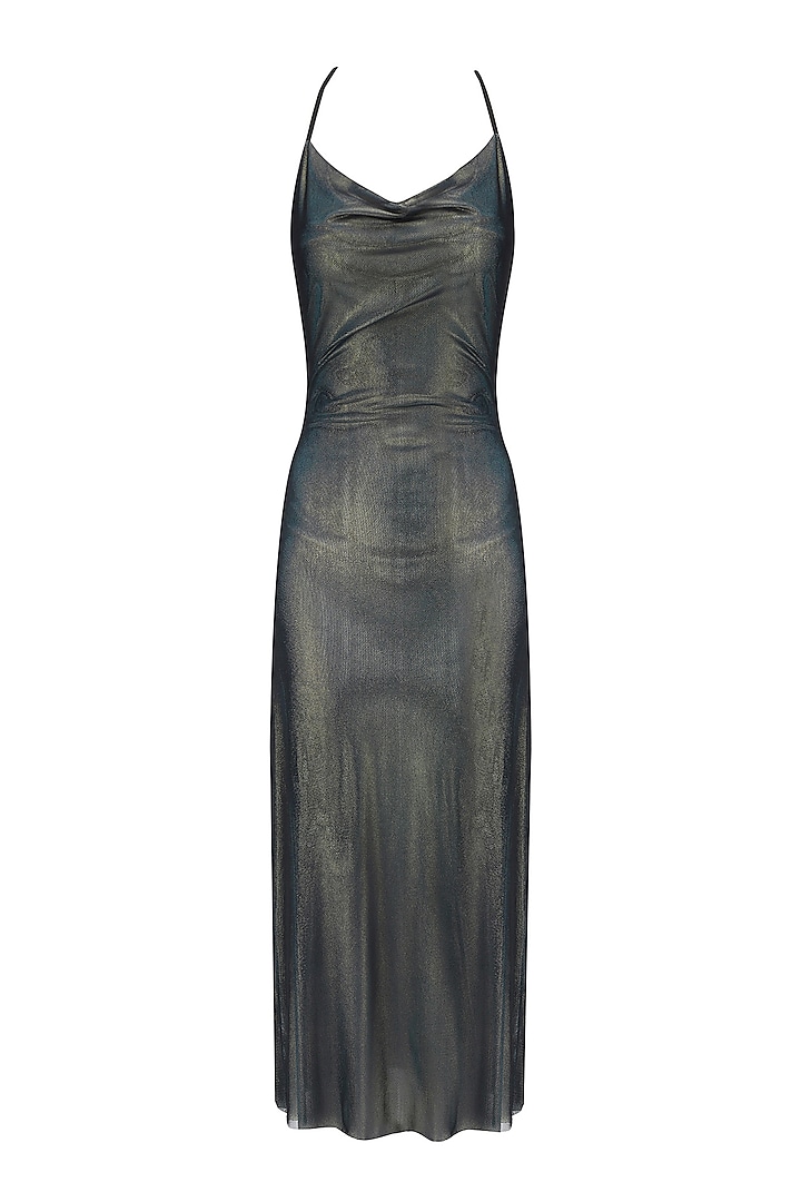 Metallic Blue Knee Length Fitted Slip Dress by Neha Taneja