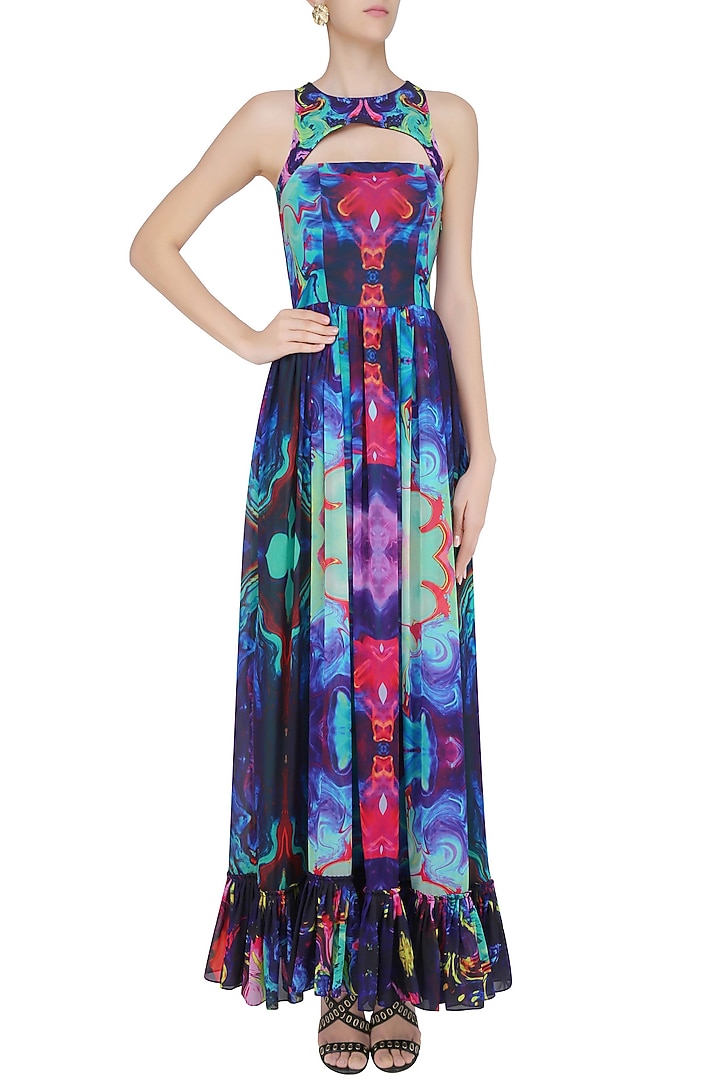 Sea green digital printed ruffled hemline gown available only at Pernia's Pop Up Shop.