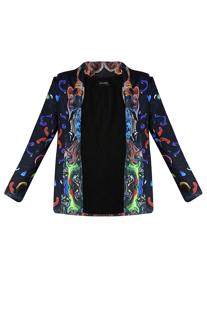 Black Digital Printed Front Open Jacket by Neha Taneja