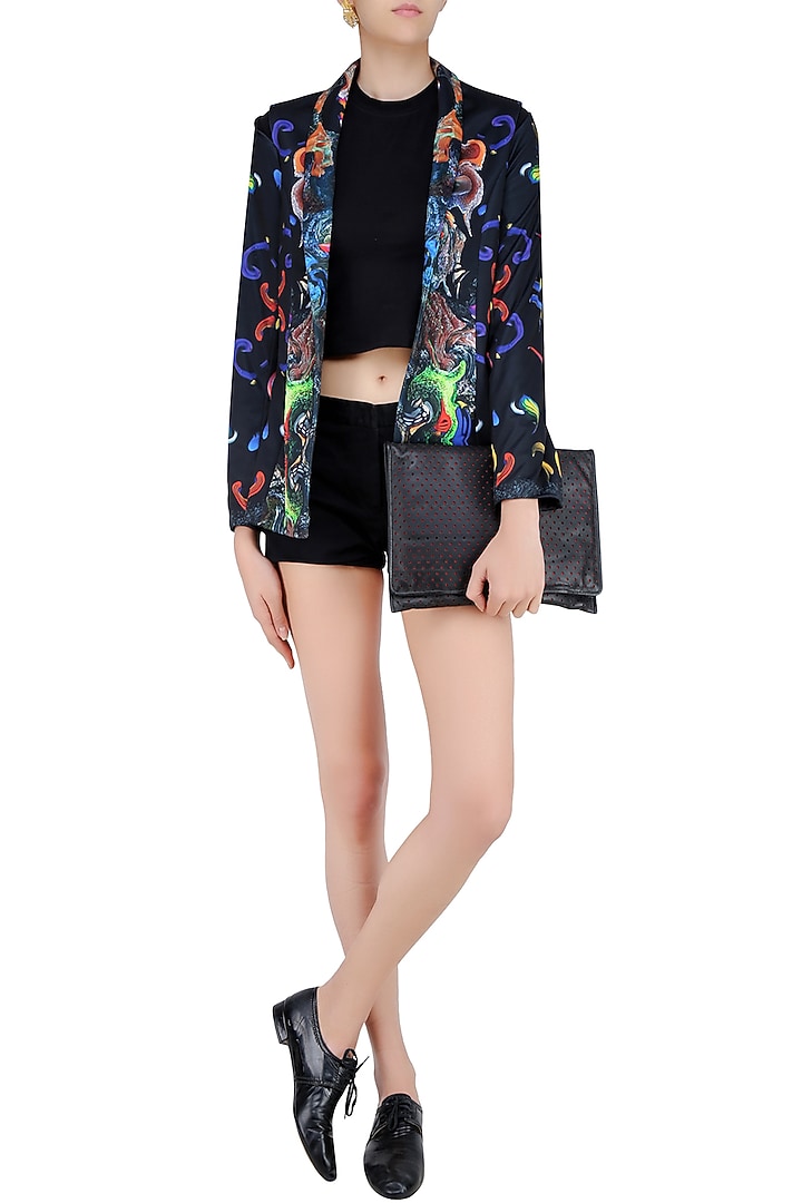 Black digital printed front open jacket available only at Pernia's Pop Up Shop.