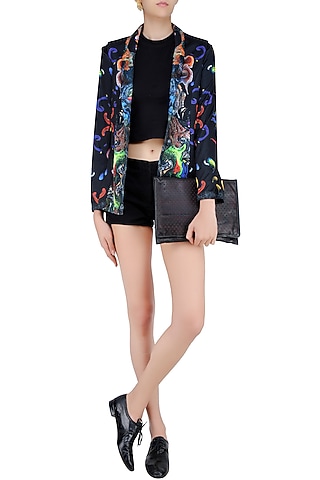 Black Digital Printed Front Open Jacket by Neha Taneja