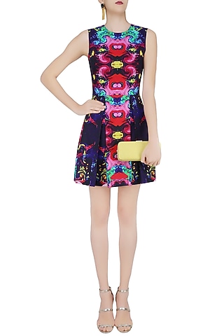 Deep Blue Digital Printed Skater Dress by Neha Taneja
