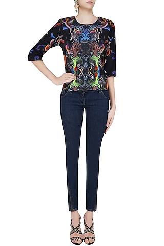 Black Digital Printed Loose Top by Neha Taneja