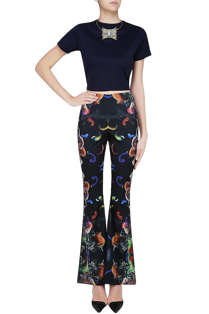 Black digital printed bell bottom pants available only at Pernia's Pop Up Shop.