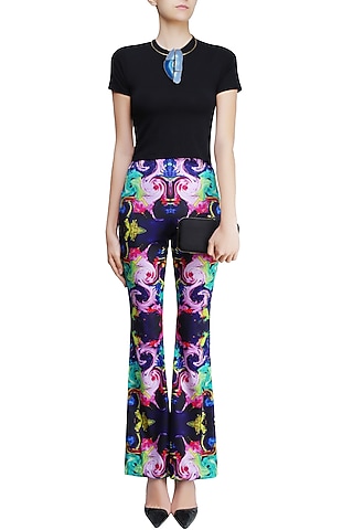 Deep Blue Digital Printed Bell Bottom Pants by Neha Taneja