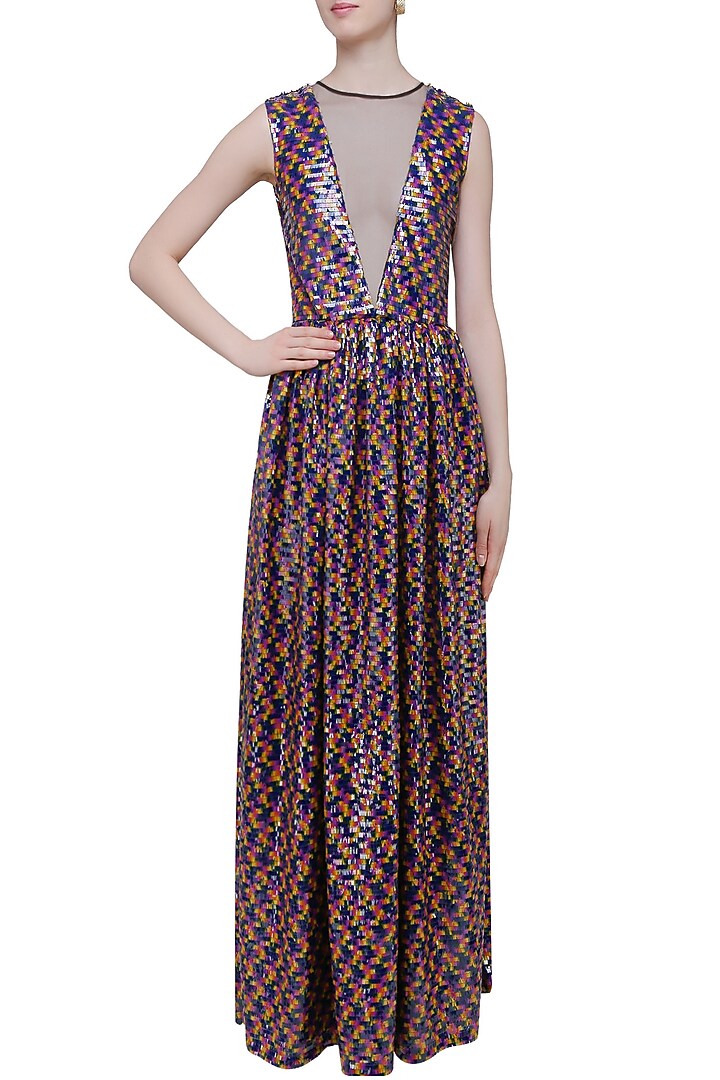 Black sequins embellished fit and flared long sheer gown available only at Pernia's Pop Up Shop.