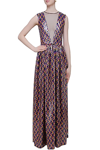 Black Sequins Embellished Fit and Flared Long Sheer Gown by Neha Taneja