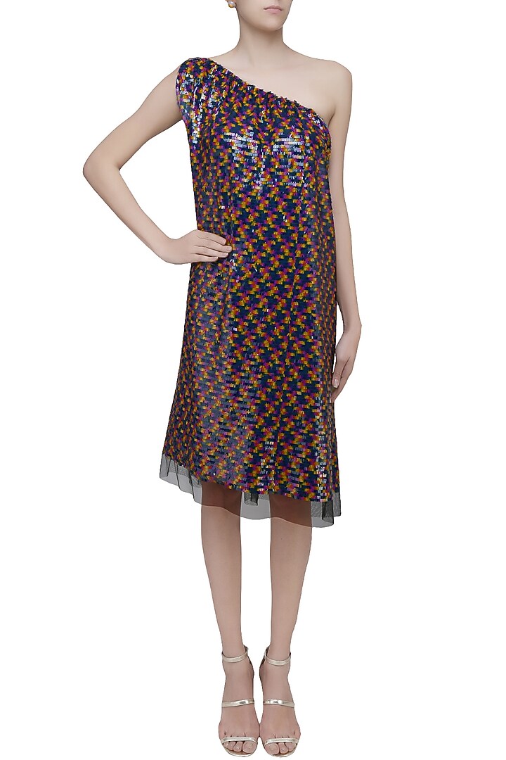 Black sequins embellished one shoulder loose dress available only at Pernia's Pop Up Shop.