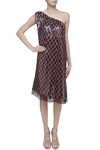 Black Sequins Embellished One Shoulder Loose Dress by Neha Taneja