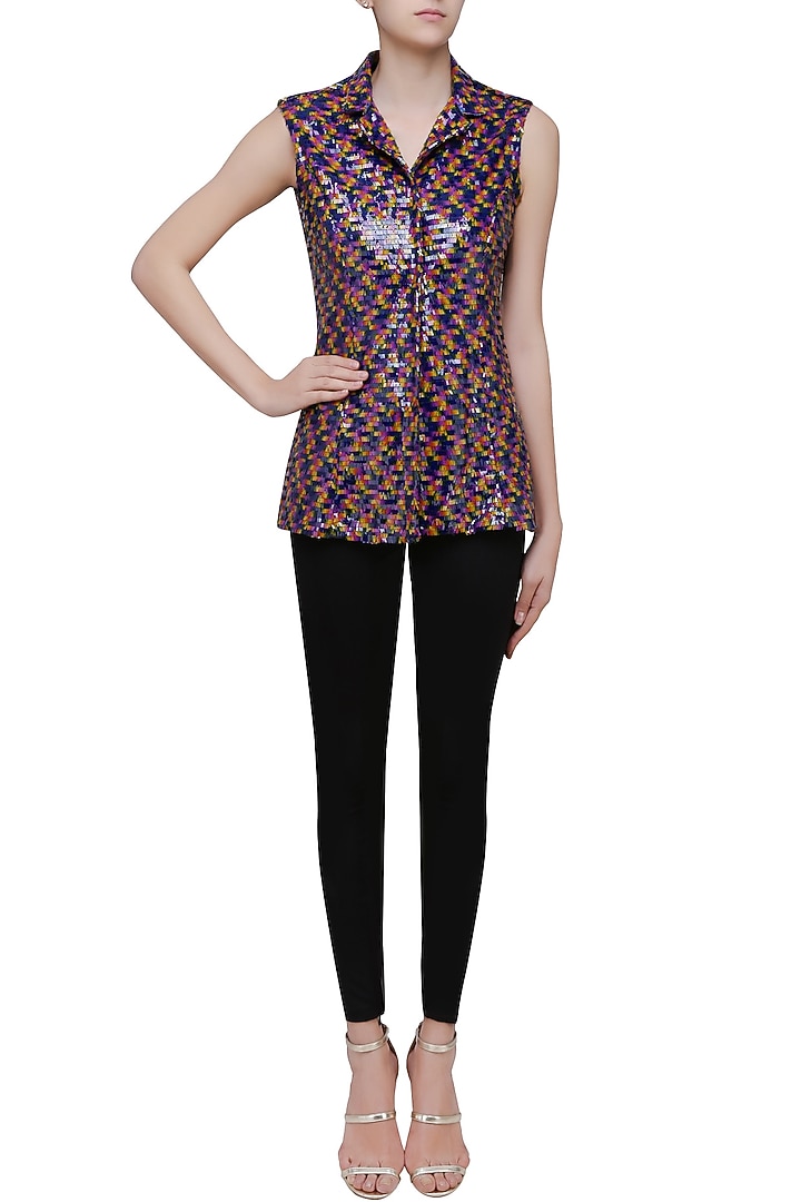 Black sequins embellished sleeveless front open jacket available only at Pernia's Pop Up Shop.