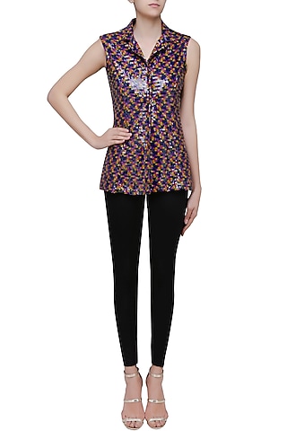 Black Sequins Embellished Sleeveless Front Open Jacket by Neha Taneja