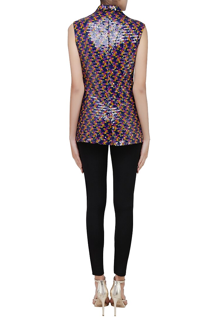 Black sequins embellished sleeveless front open jacket available only at Pernia's Pop Up Shop.