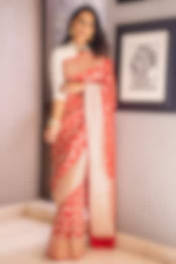 Red Katan Silk Floral Jaal Saree Set by NEITRI
