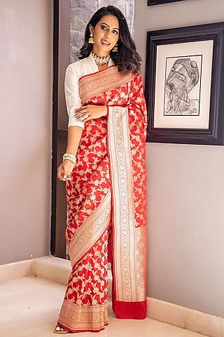 Red Katan Silk Floral Jaal Saree Set by NEITRI