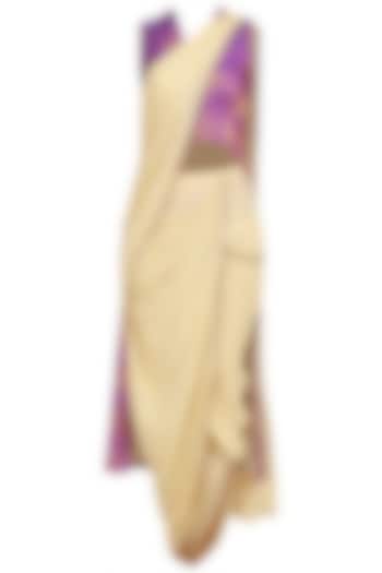 Beige Drape Saree and Purple Floral Blouse Set by Neeta Lulla