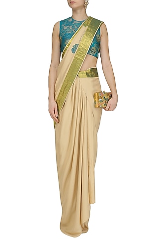 Beige Drape Saree and Blue Floral Work Blouse Set by Neeta Lulla