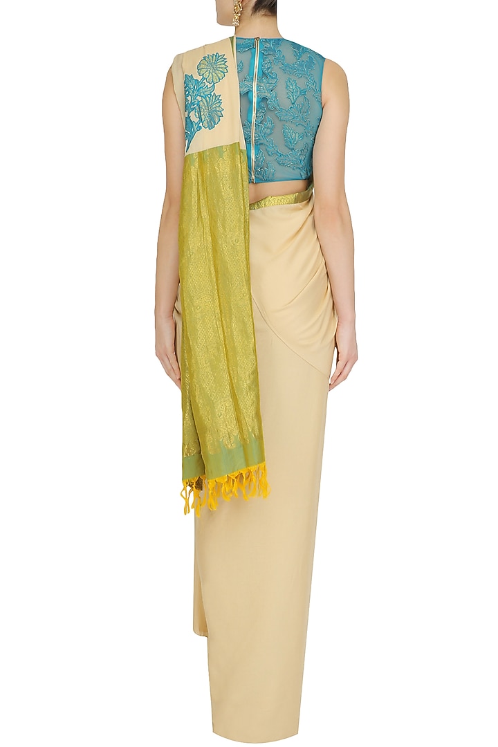 Beige drape saree and blue floral work blouse set available only at Pernia's Pop Up Shop.