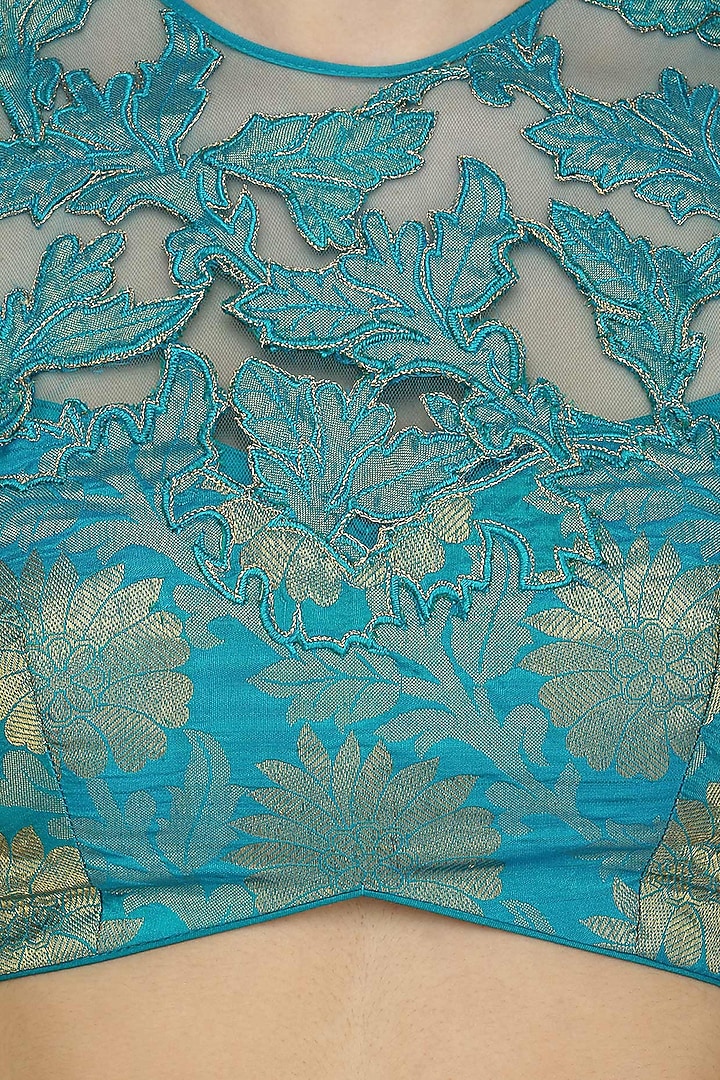 Beige drape saree and blue floral work blouse set available only at Pernia's Pop Up Shop.