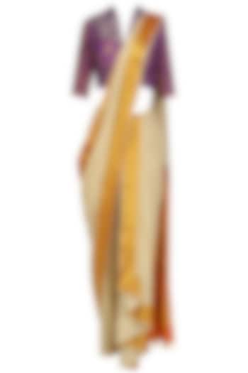 Off white drape saree and purple floral blouse set available only at Pernia's Pop Up Shop.