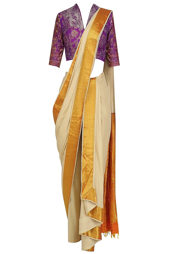 Off white drape saree and purple floral blouse set available only at Pernia's Pop Up Shop.
