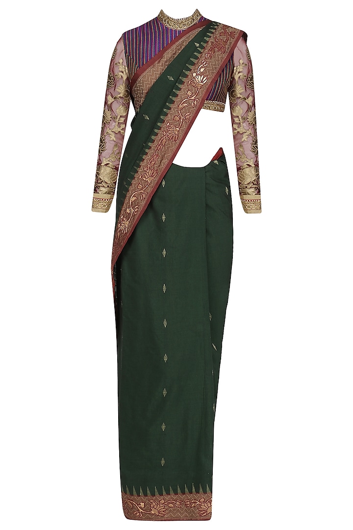 Bottle Green and Red Embroidered Saree with Purple Blouse by Neeta Lulla