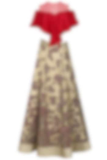 Red Crop Top and Gold Floral Patchwork Skirt Set by Neeta Lulla