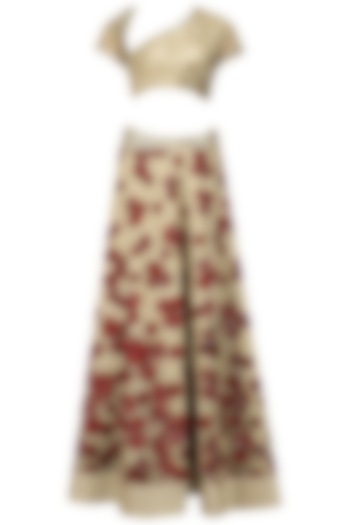 Gold and Maroon Floral Patchwork Lehenga Set by Neeta Lulla