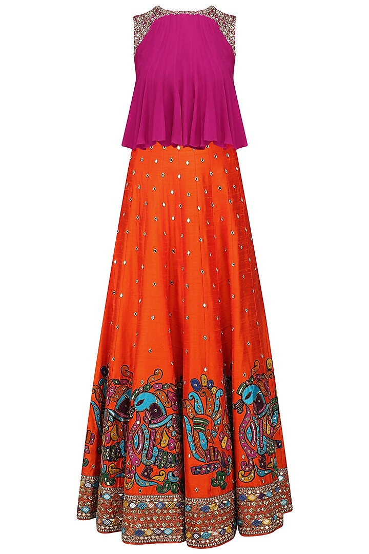 Orange Embroidered Skirt and Pink Flared Top Set by Neeta Lulla