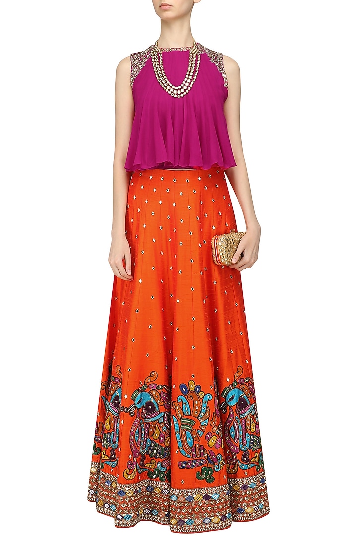 Orange embroidered skirt and pink flared top set available only at Pernia's Pop Up Shop.