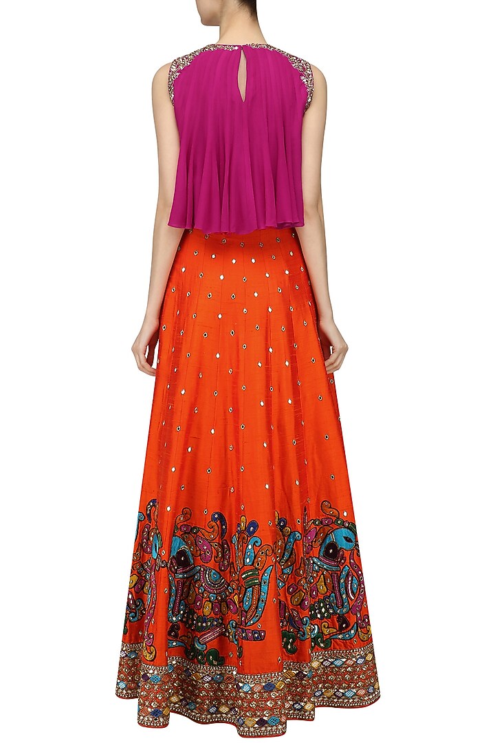 Orange embroidered skirt and pink flared top set available only at Pernia's Pop Up Shop.
