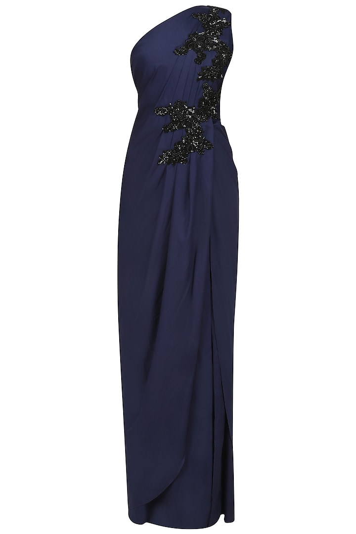 Blue Embroidered One Shoulder Pleated Drape Gown by Neeta Lulla