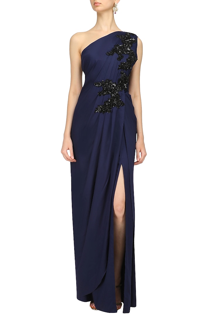 Blue embroidered one shoulder pleated drape gown available only at Pernia's Pop Up Shop.