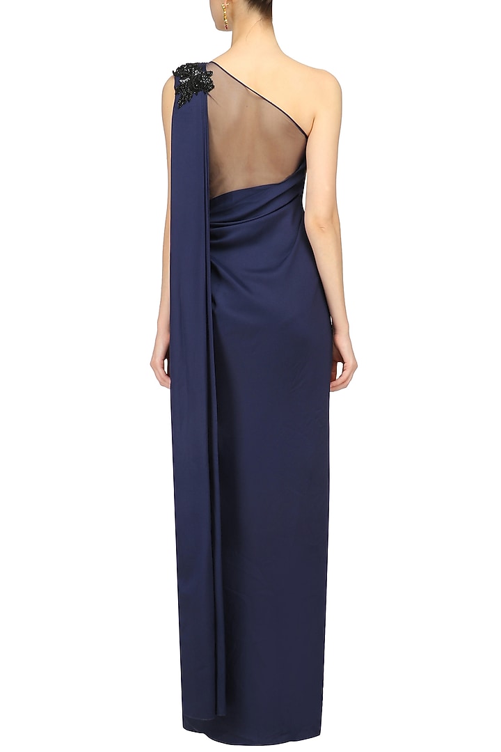 Blue embroidered one shoulder pleated drape gown available only at Pernia's Pop Up Shop.