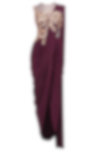 Wine Embroidered Pleated Drape Saree Gown by Neeta Lulla