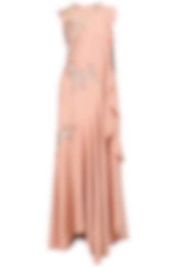 Peach and copper embroidered pleated drape saree gown available only at Pernia's Pop Up Shop.