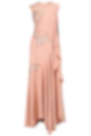 Peach and Copper Embroidered Pleated Drape Saree Gown by Neeta Lulla