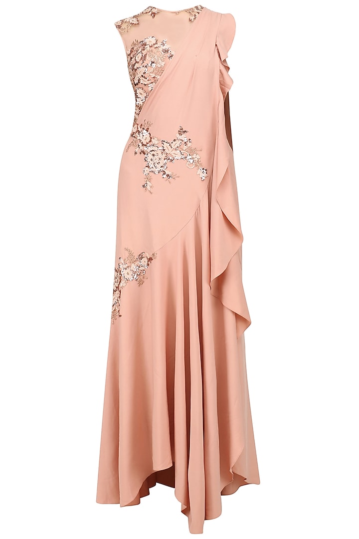 Peach and Copper Embroidered Pleated Drape Saree Gown by Neeta Lulla