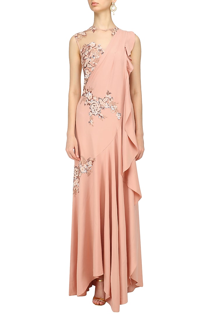 Peach and copper embroidered pleated drape saree gown available only at Pernia's Pop Up Shop.