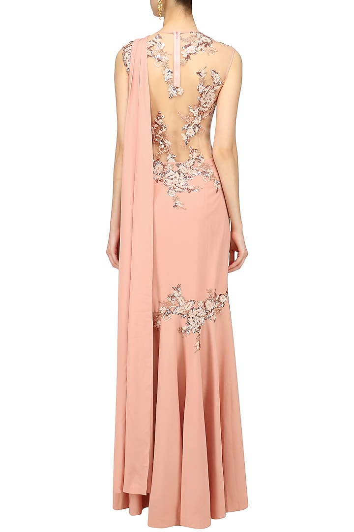 Peach and copper embroidered pleated drape saree gown available only at Pernia's Pop Up Shop.