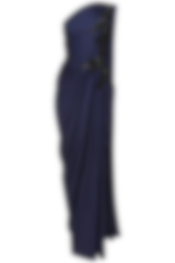 Midnight Blue Embroidered One Shoulder Drape Gown by Neeta Lulla