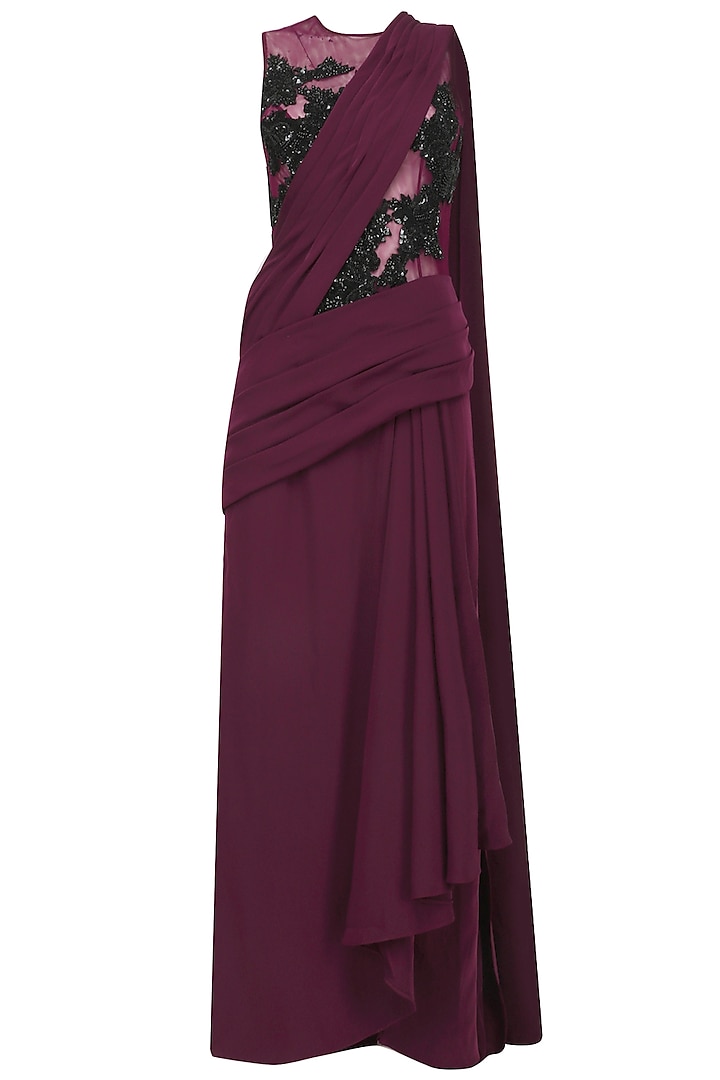 Maroon Sequins and Bead Work Drape Gown by Neeta Lulla