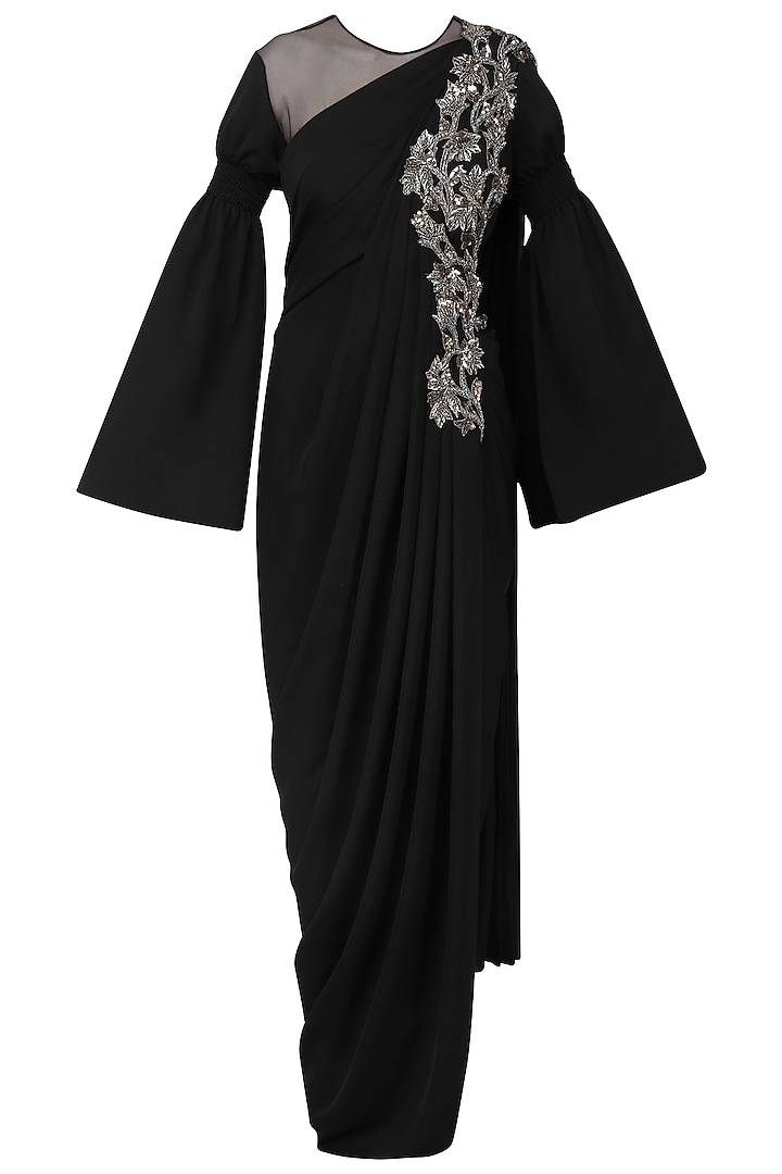 Black Embroidered Long Slit Drape Gown by Neeta Lulla
