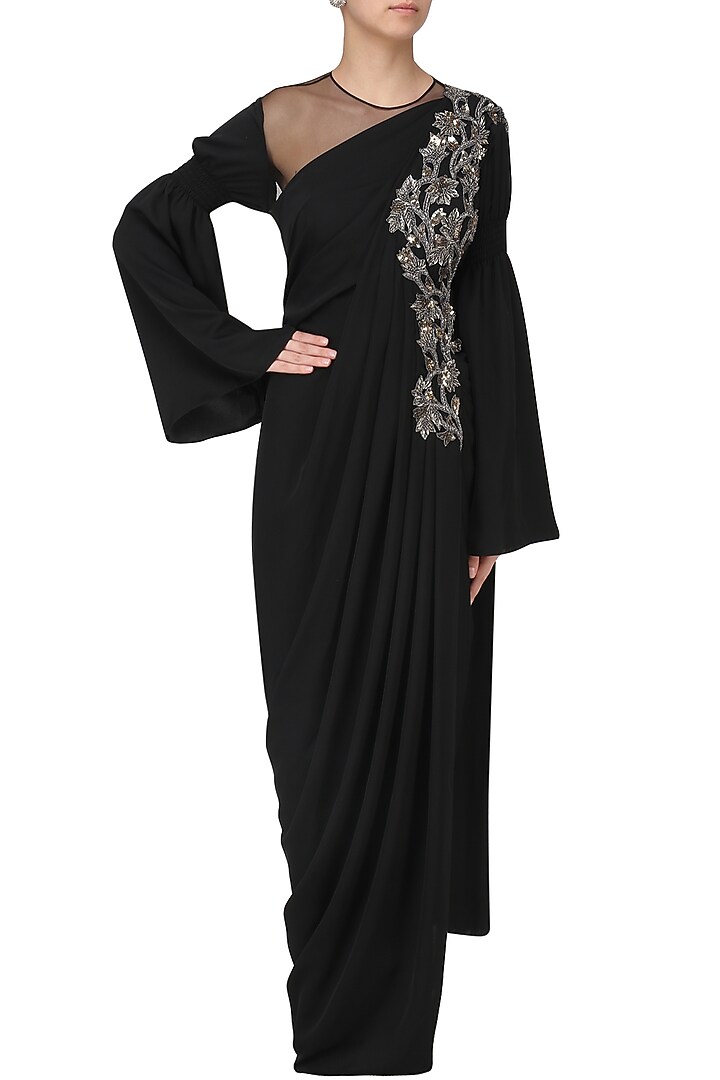 Black embroidered long slit drape gown available only at Pernia's Pop Up Shop.