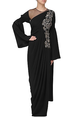 Black Embroidered Long Slit Drape Gown by Neeta Lulla