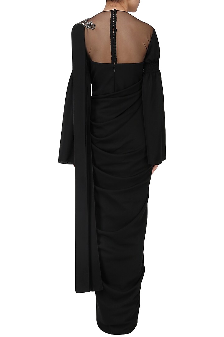 Black embroidered long slit drape gown available only at Pernia's Pop Up Shop.