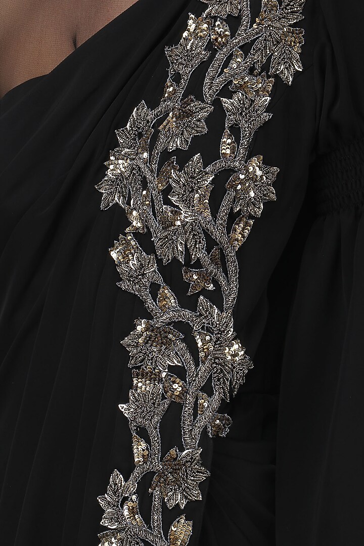 Black embroidered long slit drape gown available only at Pernia's Pop Up Shop.